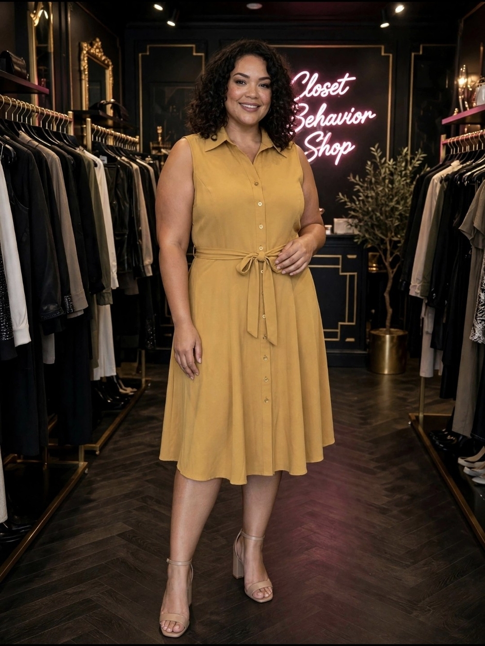 Sleeveless Mustard Shirt Dress with Tie Waist - Women
